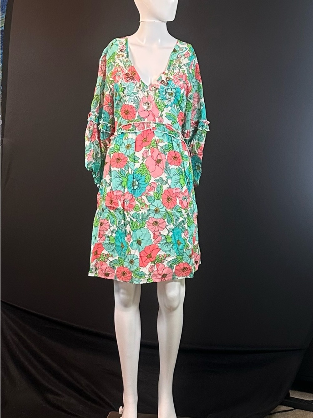 Boston Proper Floral Mini Dress in Pink and Teal